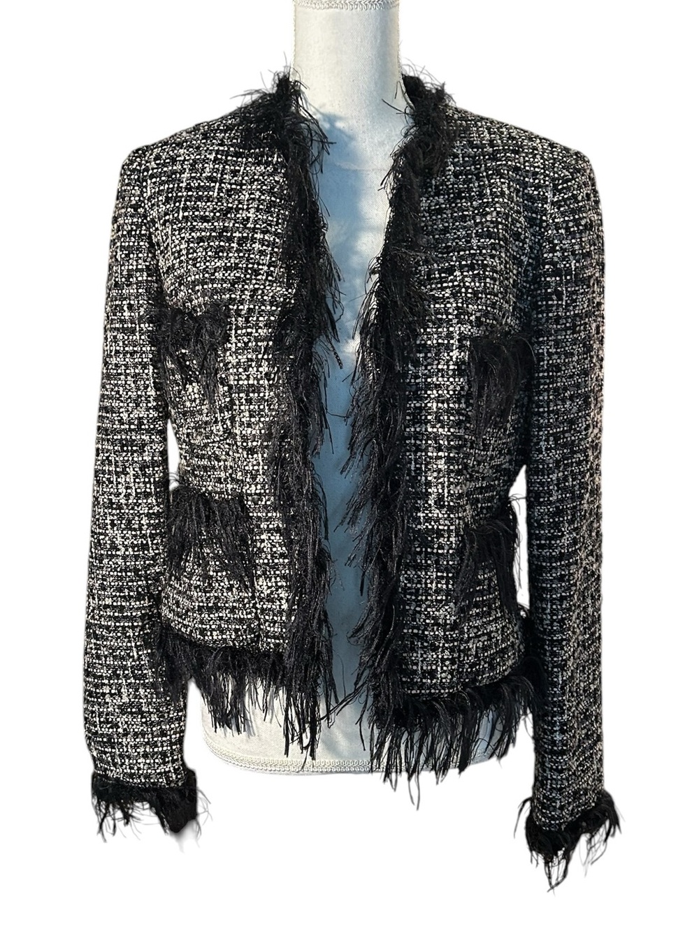 Emanuel Ungaro Black and White Tweed Fringe Jacket